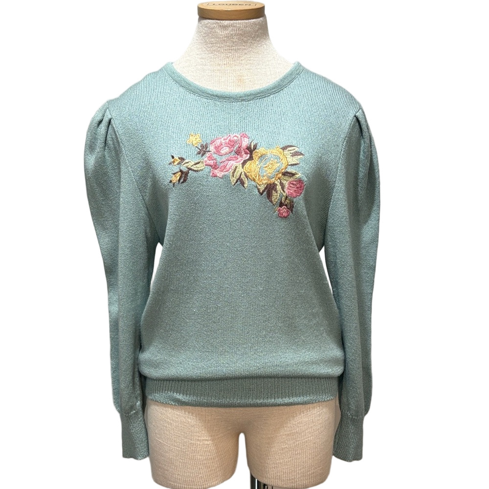 Leslie Fay vintage sz 12 green floral embroidered sweater with puffy sleeves